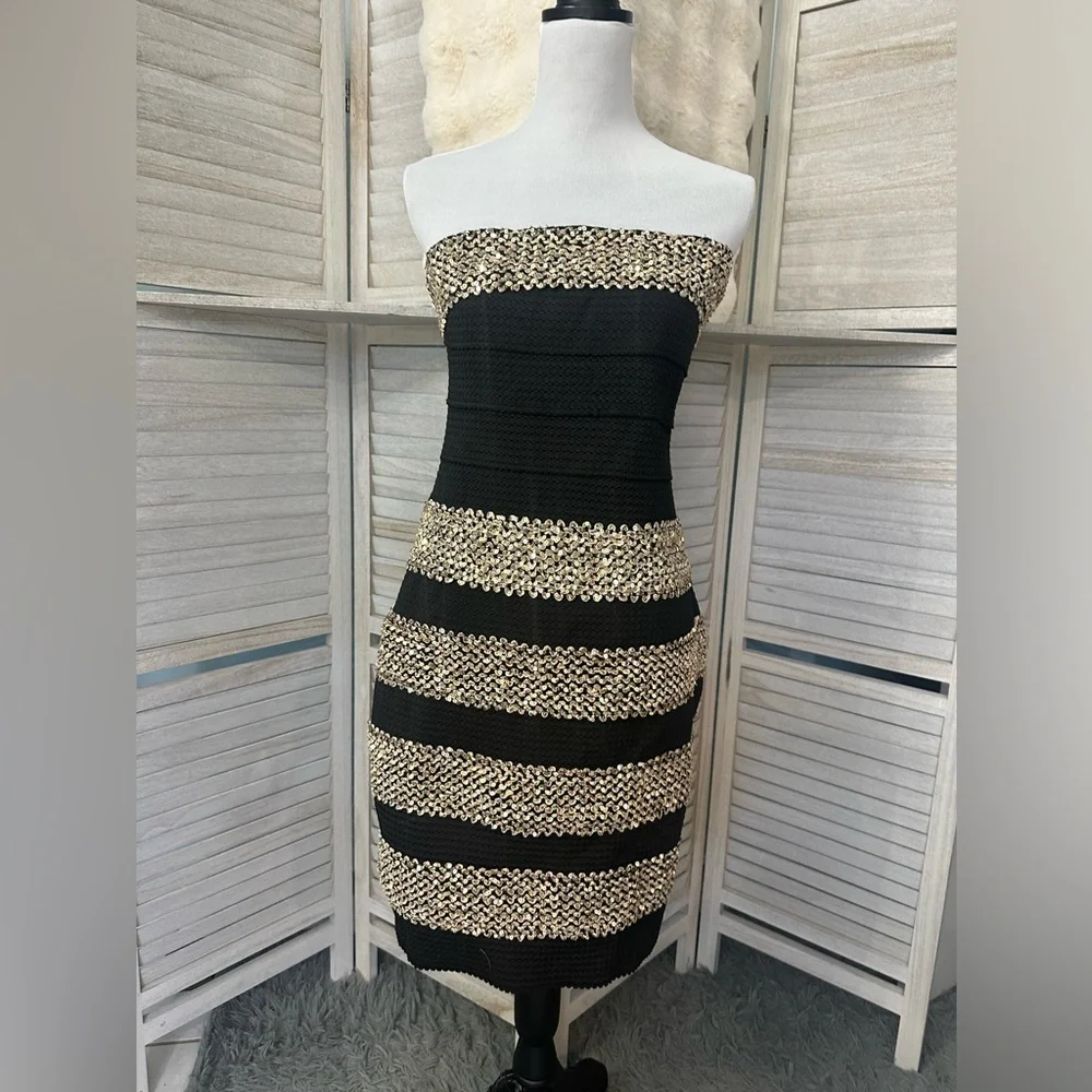 NEW•VENUS•XL• SHIMMER ON GORGEOUS BLACK & GOLD GLAM STRAPLESS BODY CON - Picture 2 of 16